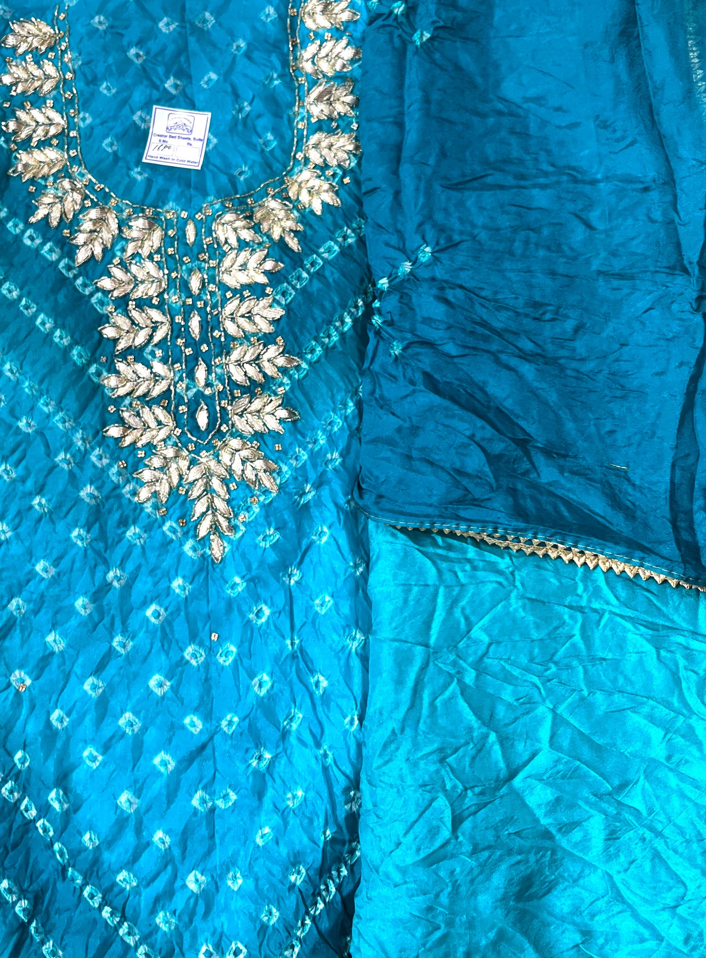 Jaipuri Bandhej Dress material with neck work  With bandhani Dupatta