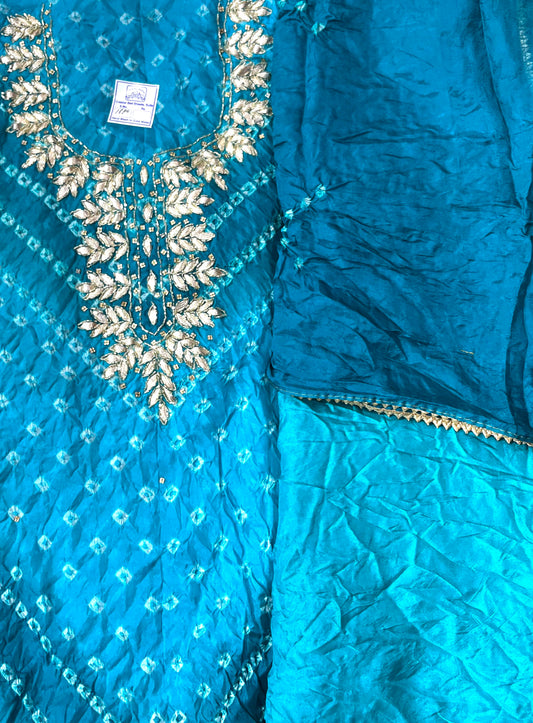 Jaipuri Bandhej Dress material with neck work  With bandhani Dupatta