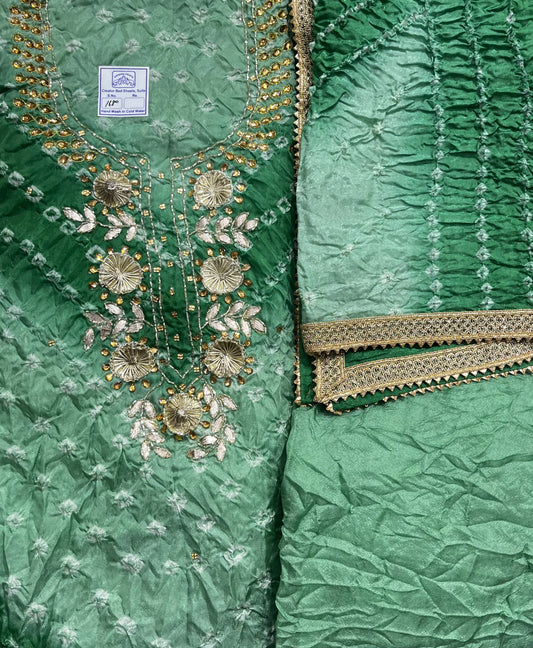 Jaipuri Bandhej Dress material with neck work  With bandhani Dupatta